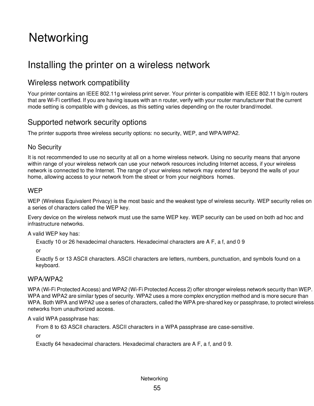 Dell V310 manual Networking, Installing the printer on a wireless network, Wireless network compatibility, No Security 