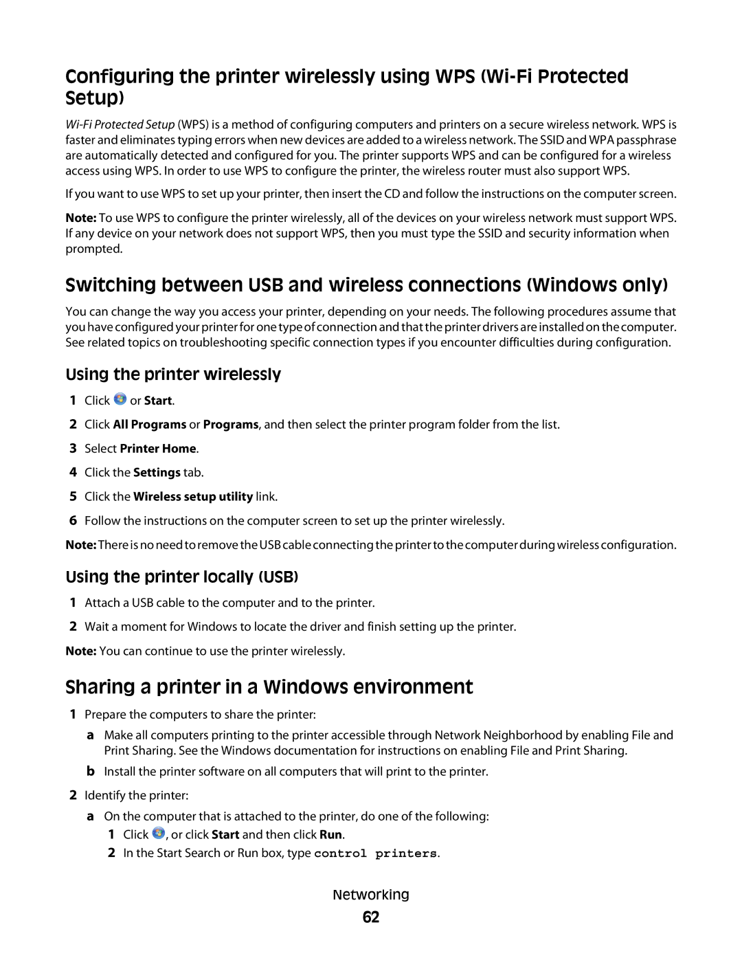 Dell V310 manual Switching between USB and wireless connections Windows only, Sharing a printer in a Windows environment 