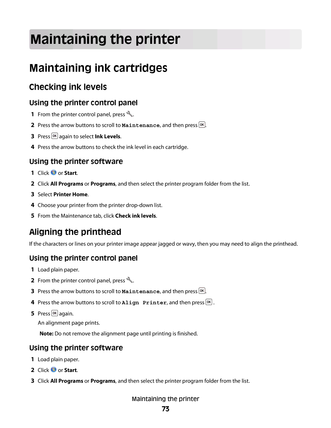 Dell V310 manual Maintaining the printer, Maintaining ink cartridges, Checking ink levels, Aligning the printhead 