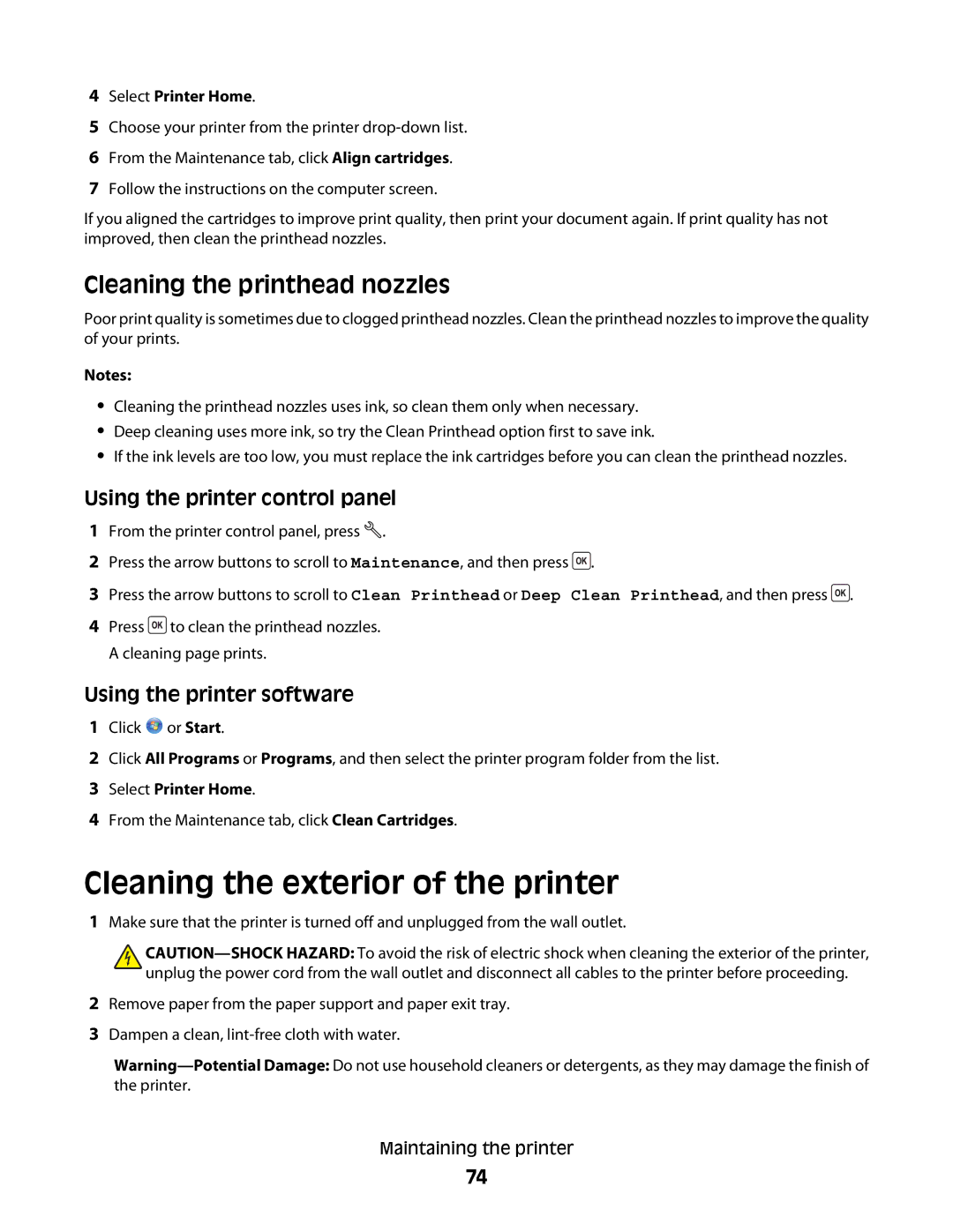 Dell V310 manual Cleaning the exterior of the printer, Cleaning the printhead nozzles 