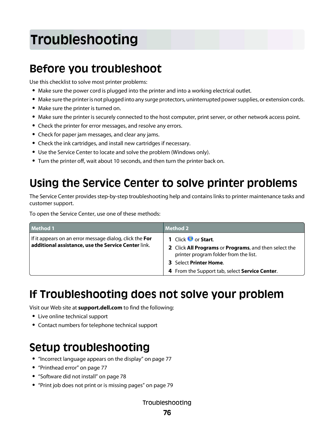 Dell V310 manual Troubleshooting, Before you troubleshoot, Using the Service Center to solve printer problems 