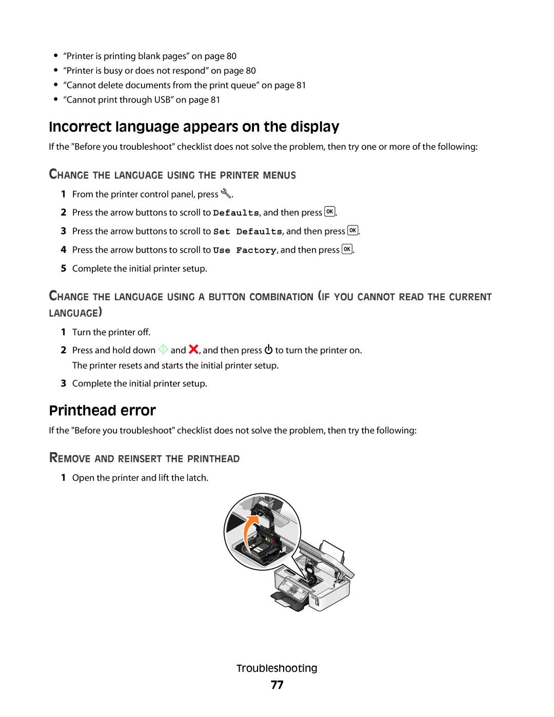 Dell V310 manual Incorrect language appears on the display, Printhead error, Change the Language Using the Printer Menus 