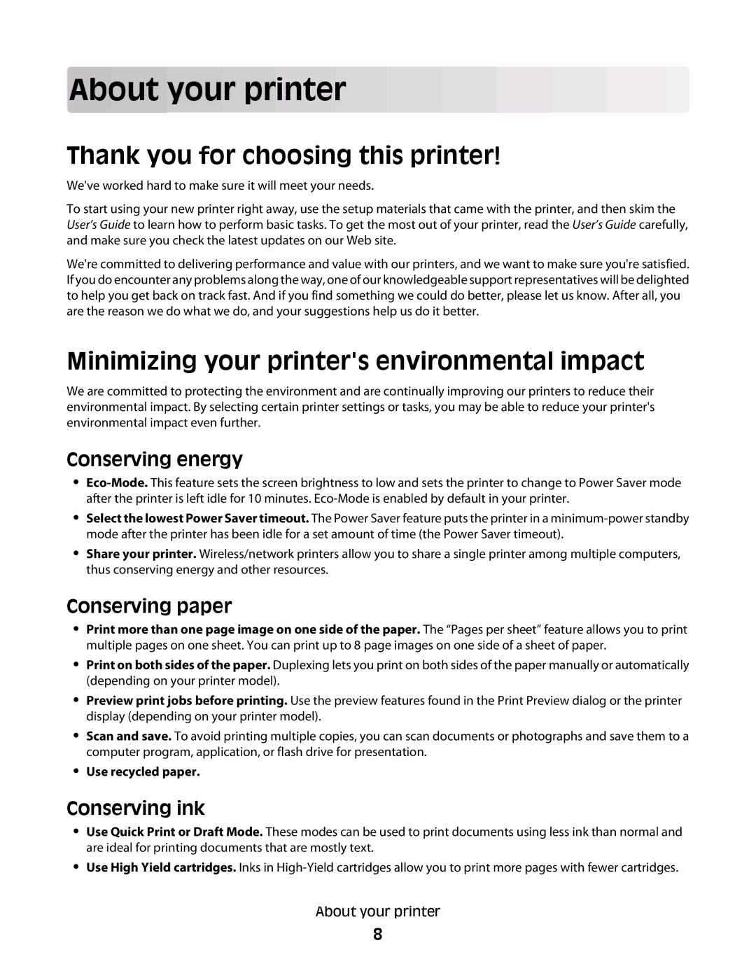 Dell V310 manual About your printer, Thank you for choosing this printer, Minimizing your printers environmental impact 