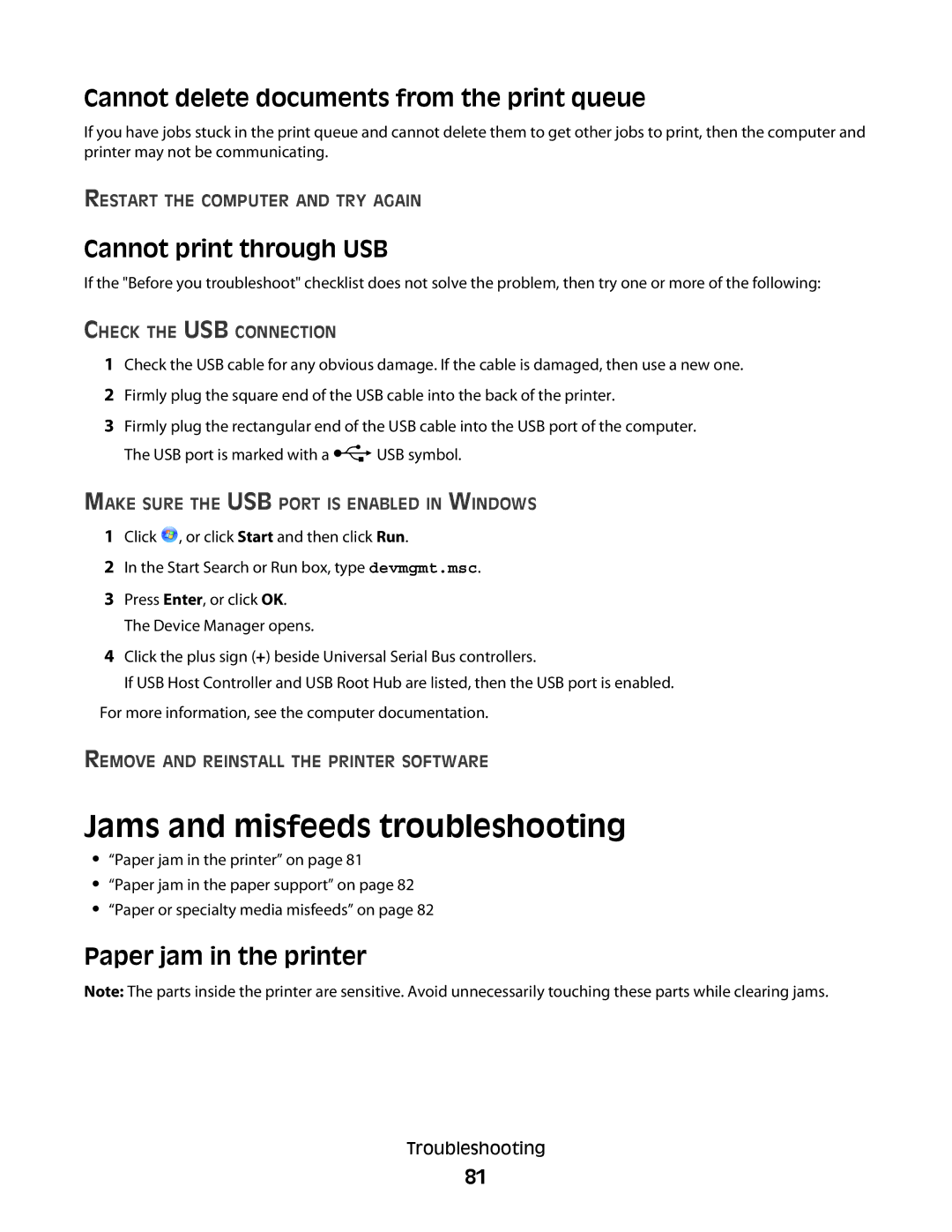 Dell V310 manual Jams and misfeeds troubleshooting, Cannot delete documents from the print queue, Cannot print through USB 