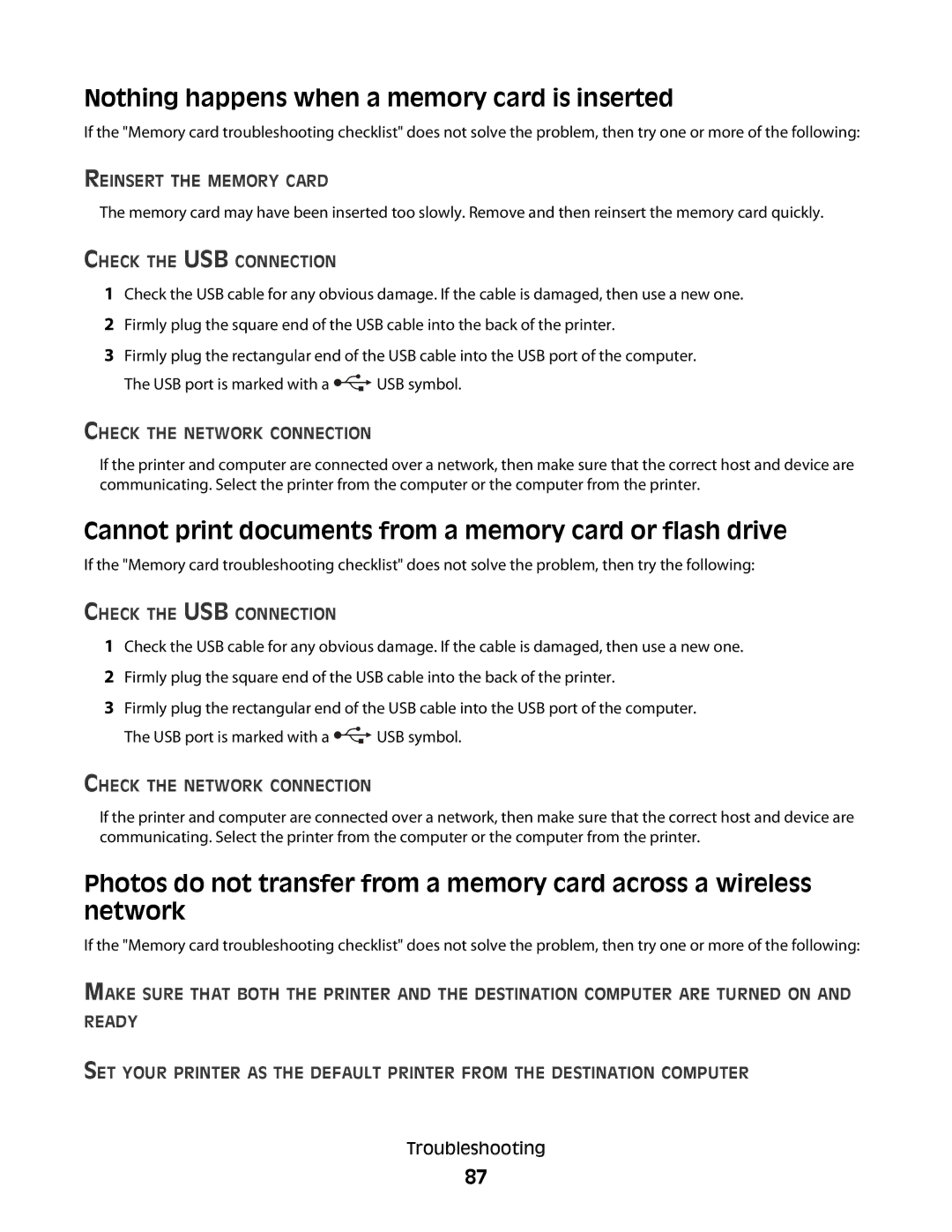 Dell V310 manual Nothing happens when a memory card is inserted, Cannot print documents from a memory card or flash drive 