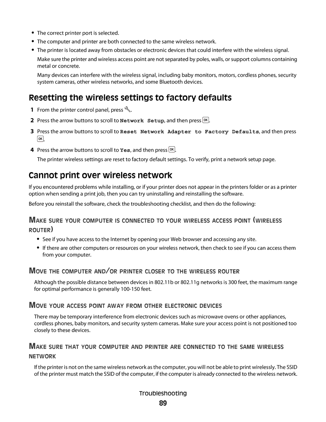 Dell V310 manual Resetting the wireless settings to factory defaults, Cannot print over wireless network 