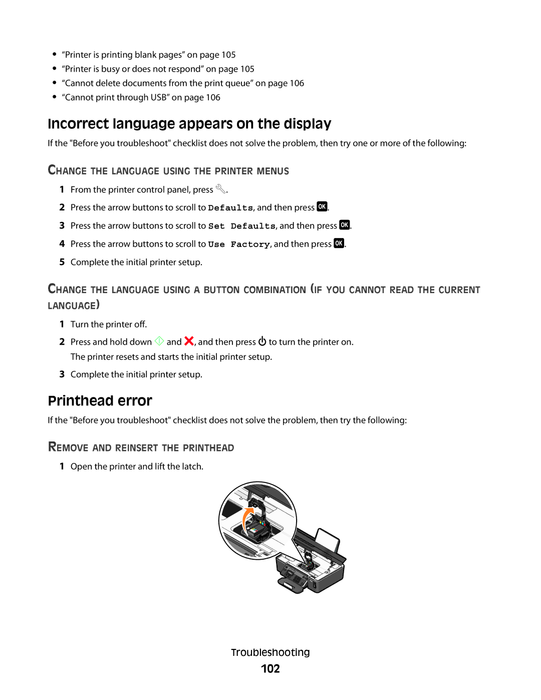 Dell 2dw, 6dw Incorrect language appears on the display, Printhead error, 102, Change the Language Using the Printer Menus 