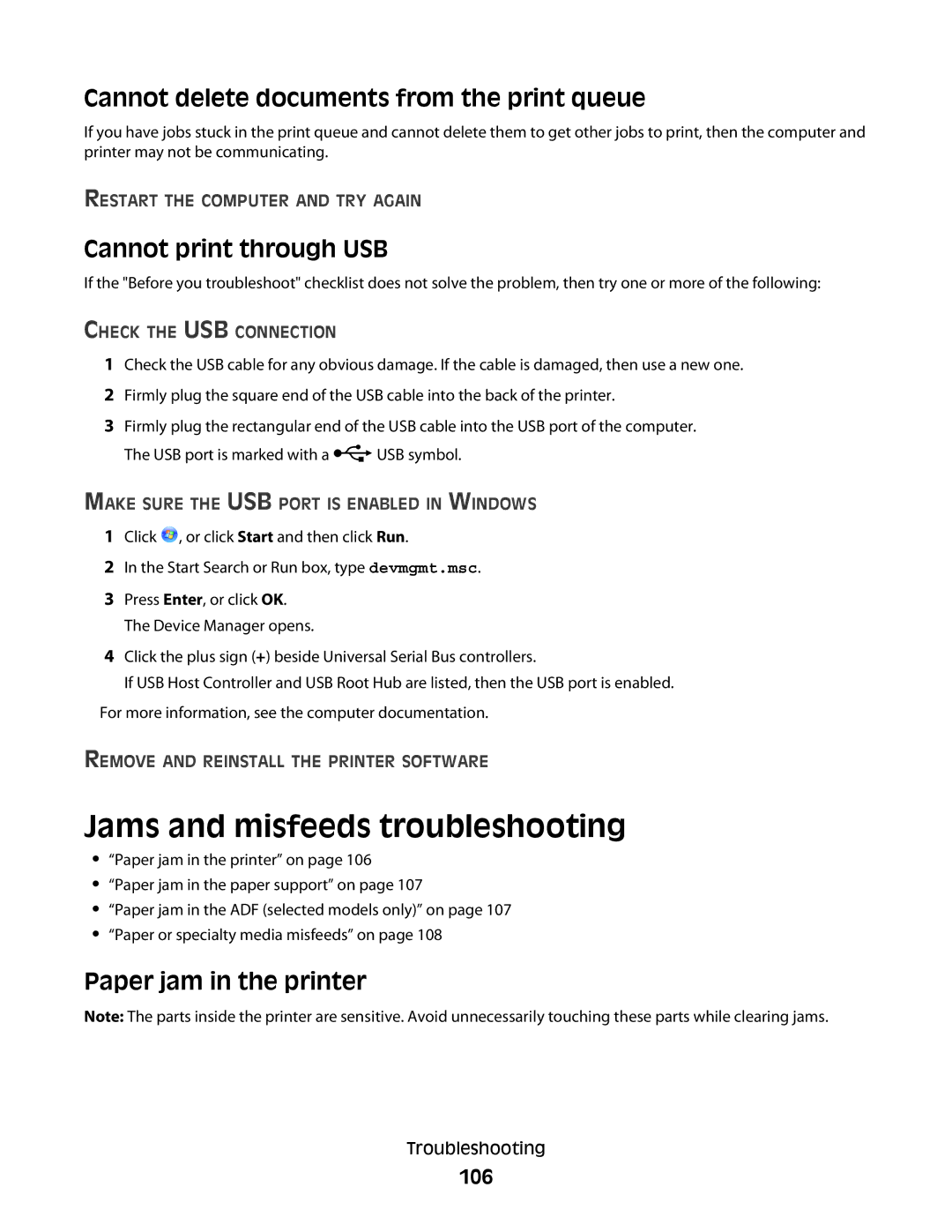 Dell 2dw Jams and misfeeds troubleshooting, Cannot delete documents from the print queue, Cannot print through USB, 106 