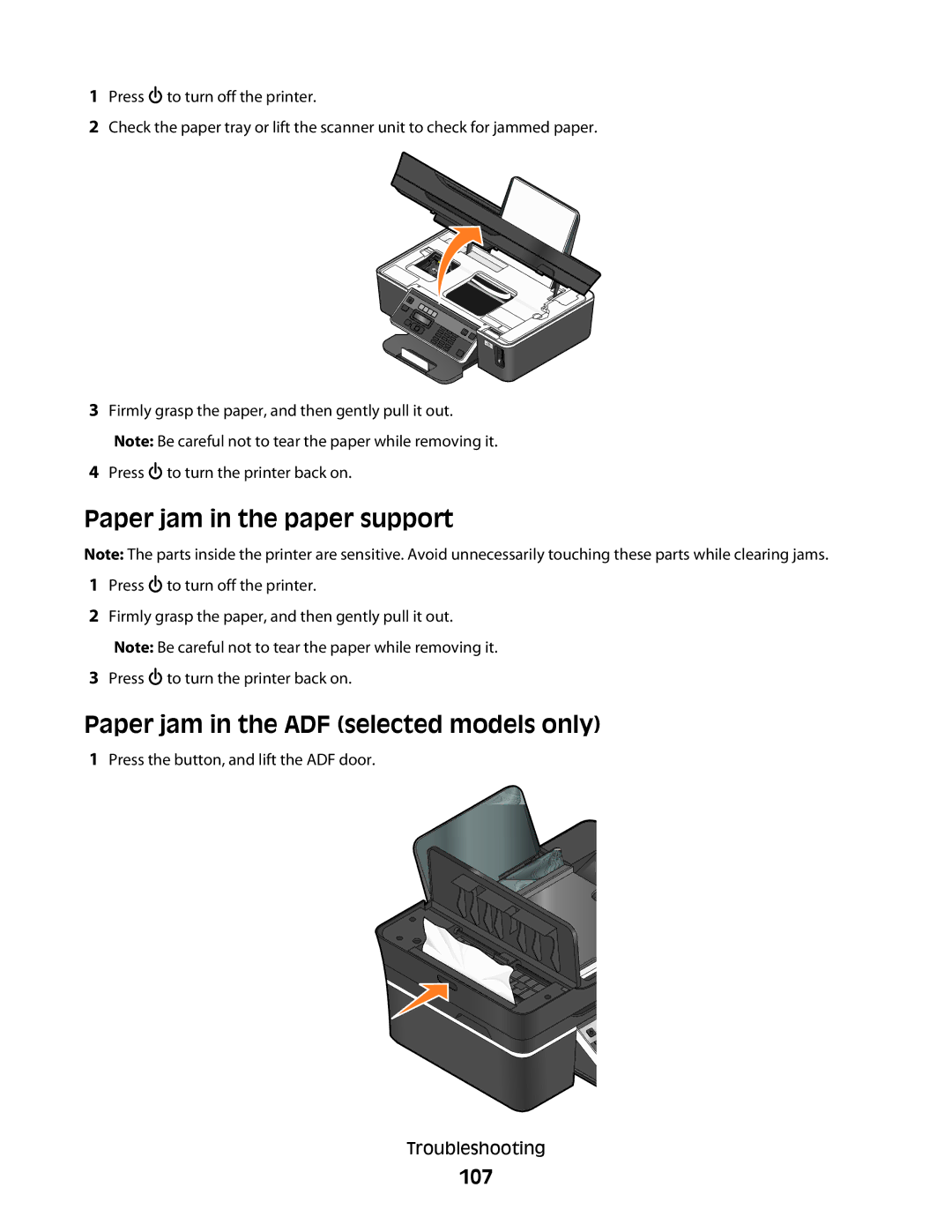 Dell 4443, V515W, 6dw, 2dw manual Paper jam in the paper support, Paper jam in the ADF selected models only, 107 