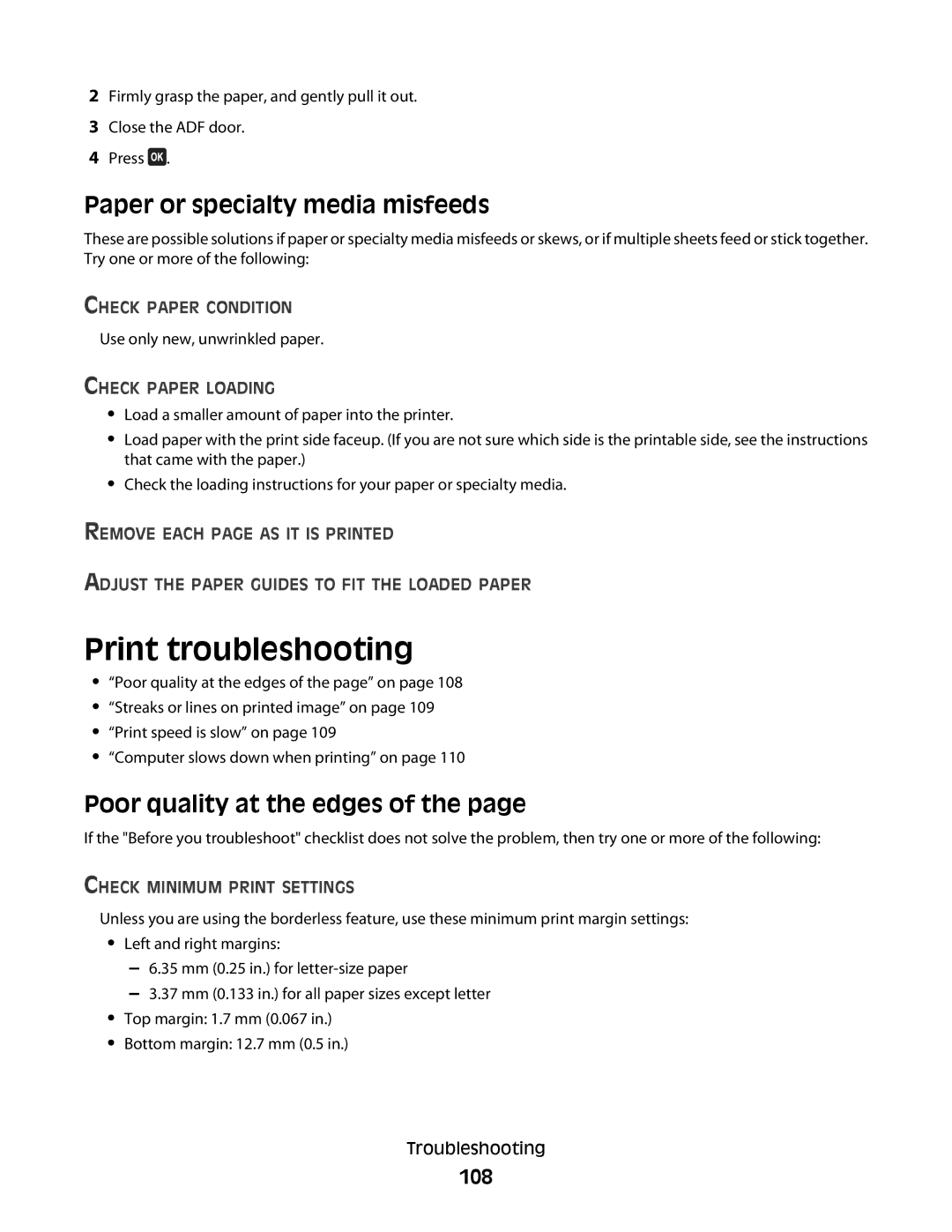 Dell V515W, 6dw, 2dw, 4443 manual Print troubleshooting, Paper or specialty media misfeeds, Poor quality at the edges, 108 