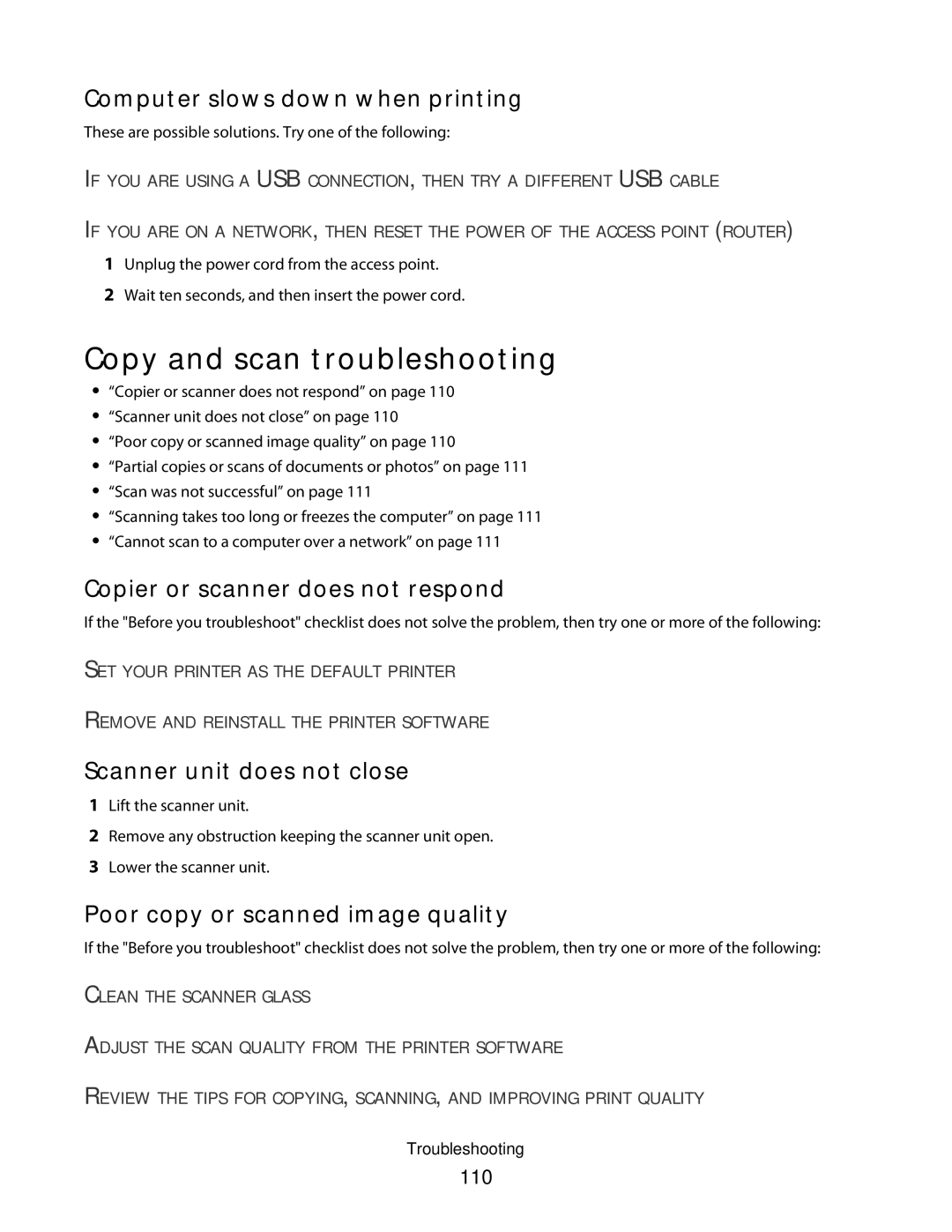 Dell 2dw, V515W, 6dw Copy and scan troubleshooting, Computer slows down when printing, Copier or scanner does not respond 