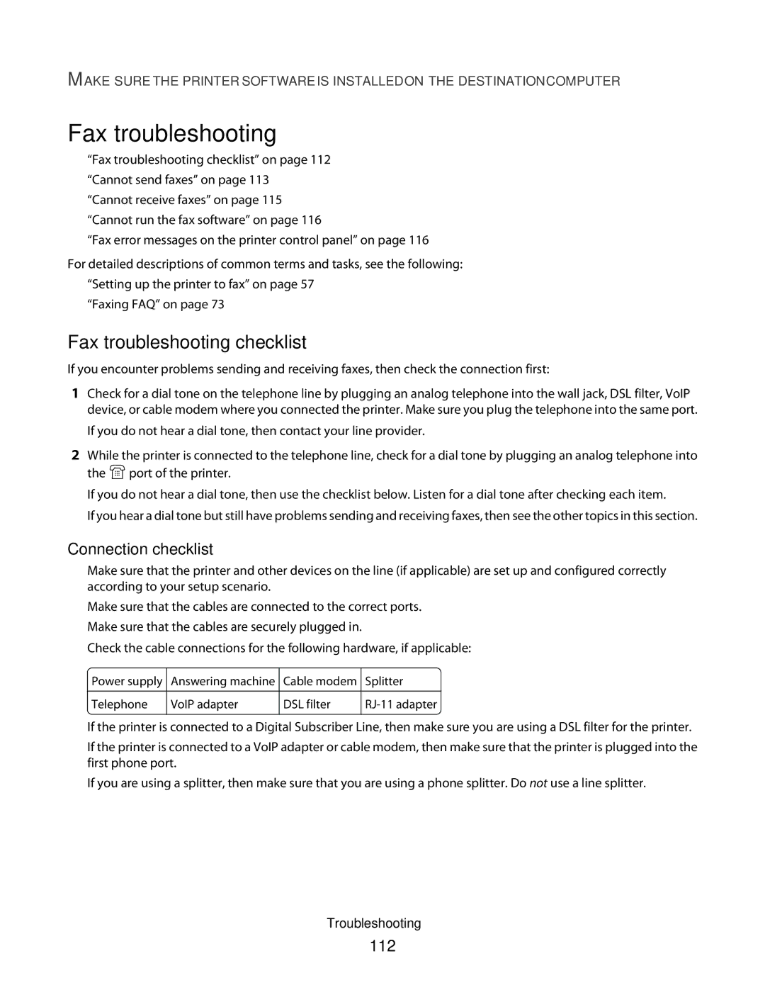 Dell V515W, 6dw, 2dw, 4443 manual Fax troubleshooting checklist, Connection checklist, 112 