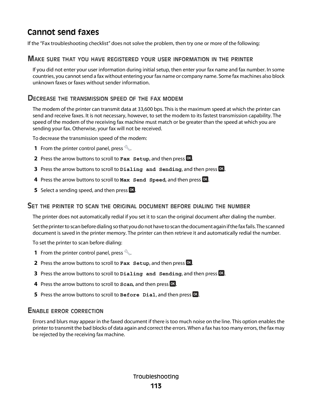 Dell 6dw, V515W, 2dw, 4443 Cannot send faxes, 113, Decrease the Transmission Speed of the FAX Modem, Enable Error Correction 