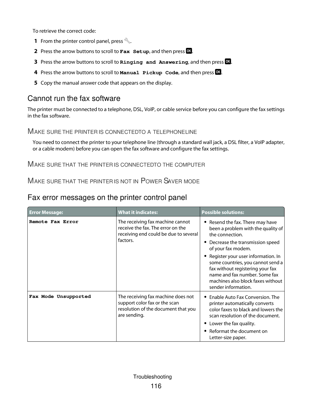 Dell V515W, 6dw, 2dw, 4443 manual Cannot run the fax software, Fax error messages on the printer control panel, 116 