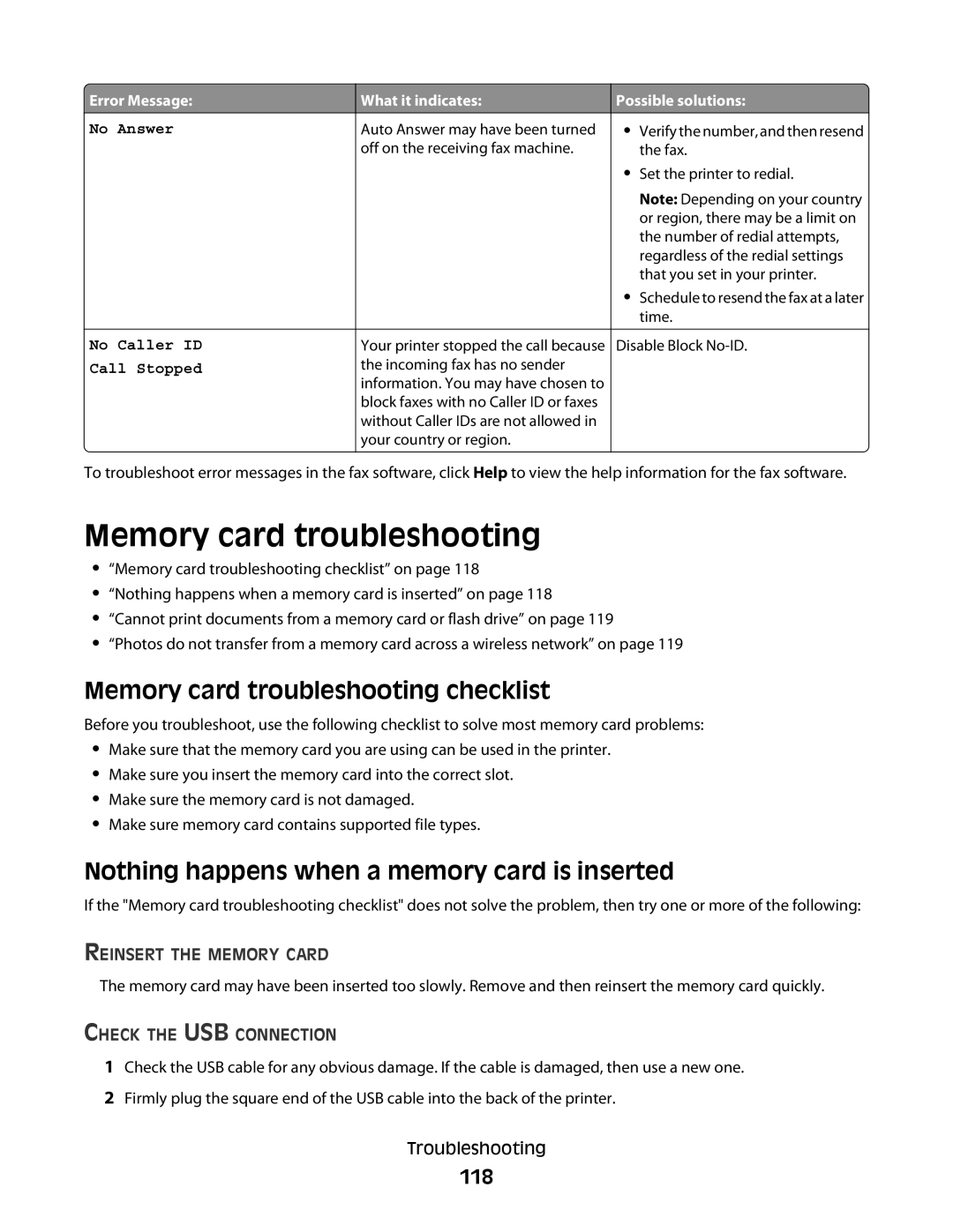 Dell 2dw, V515W, 6dw, 4443 Memory card troubleshooting checklist, Nothing happens when a memory card is inserted, 118 