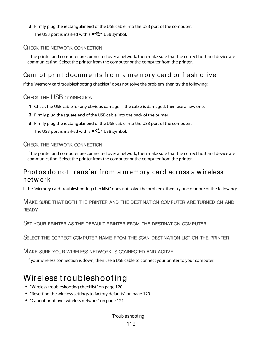 Dell 4443, V515W, 6dw, 2dw manual Wireless troubleshooting, Cannot print documents from a memory card or flash drive, 119 