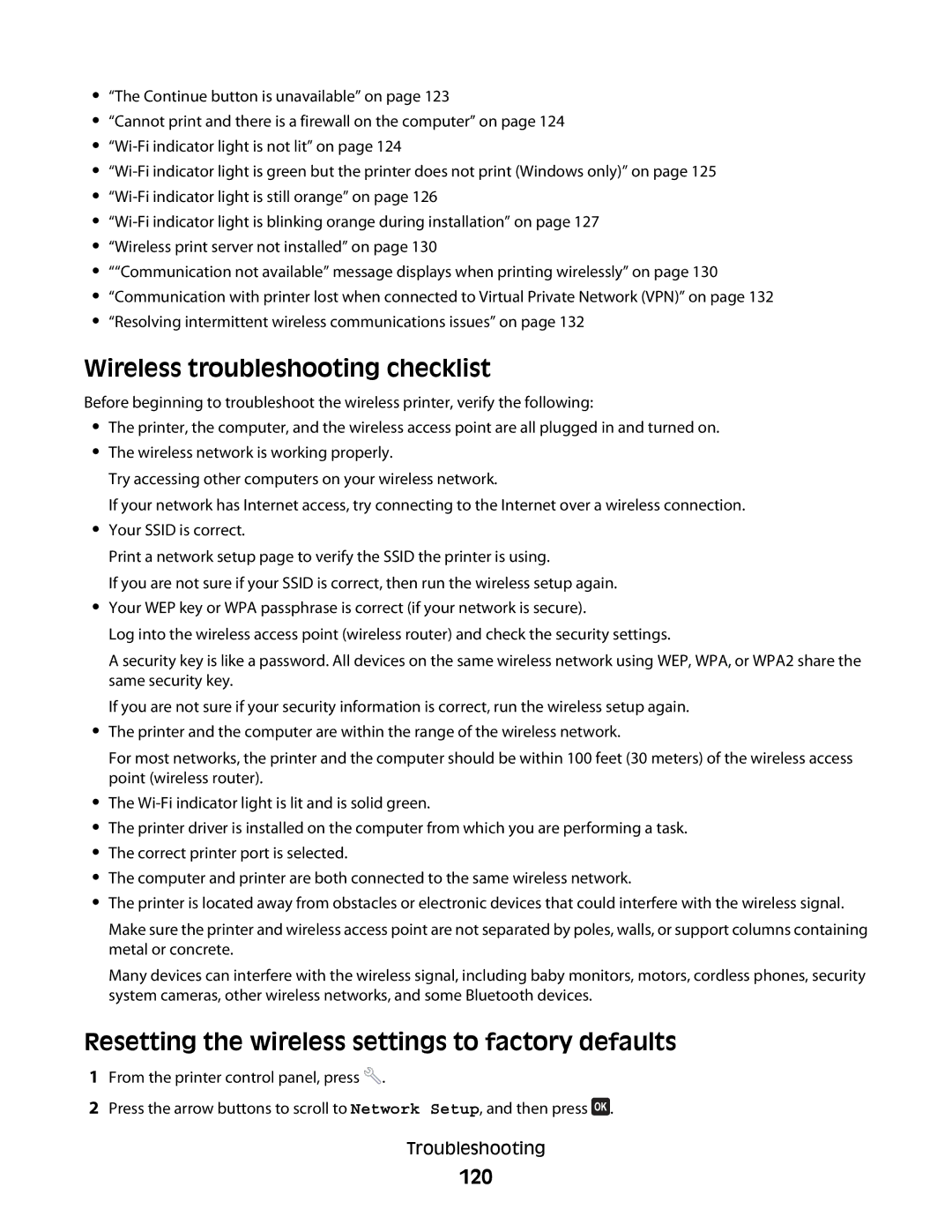 Dell V515W, 6dw, 2dw, 4443 manual Wireless troubleshooting checklist, Resetting the wireless settings to factory defaults, 120 