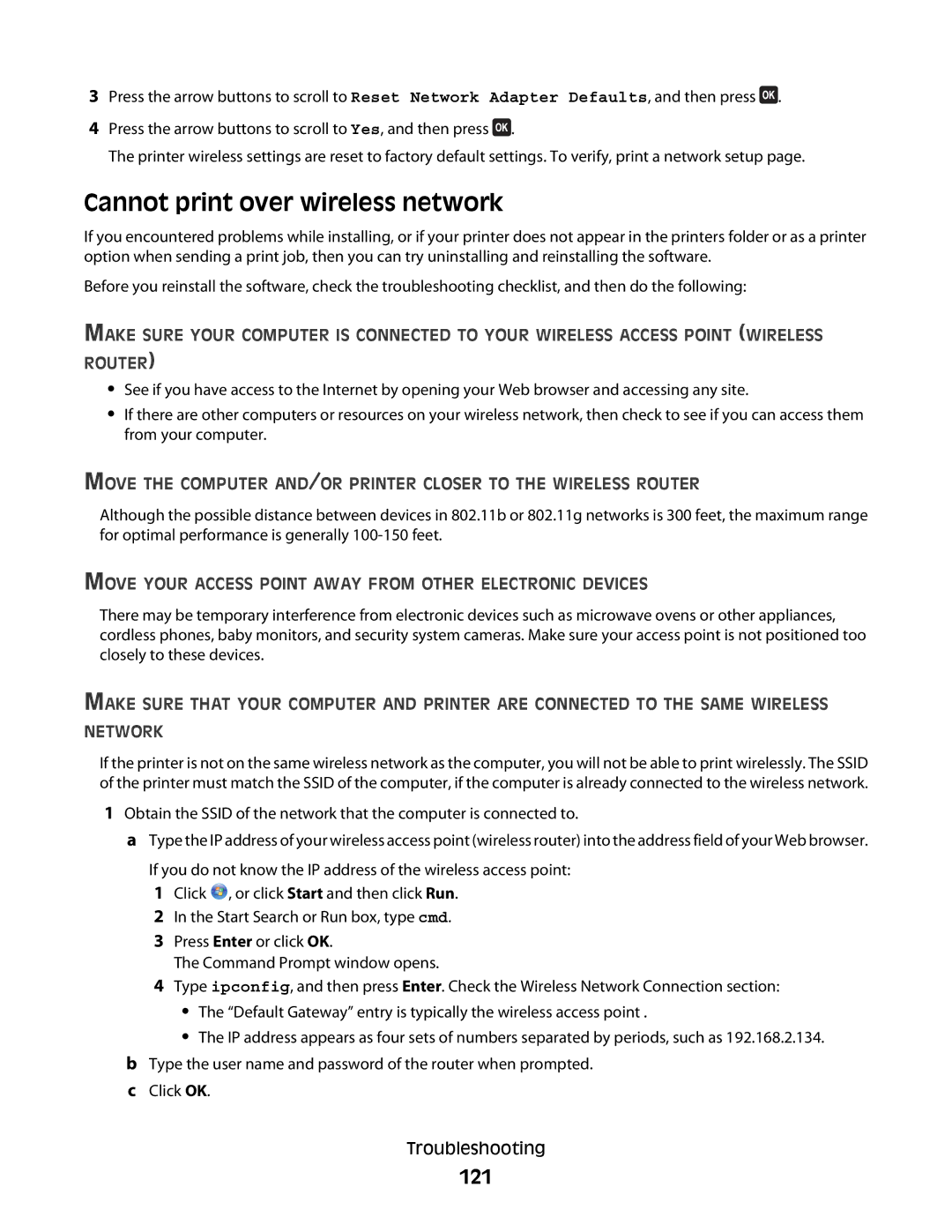 Dell 6dw, V515W, 2dw Cannot print over wireless network, 121, Move Your Access Point Away from Other Electronic Devices 