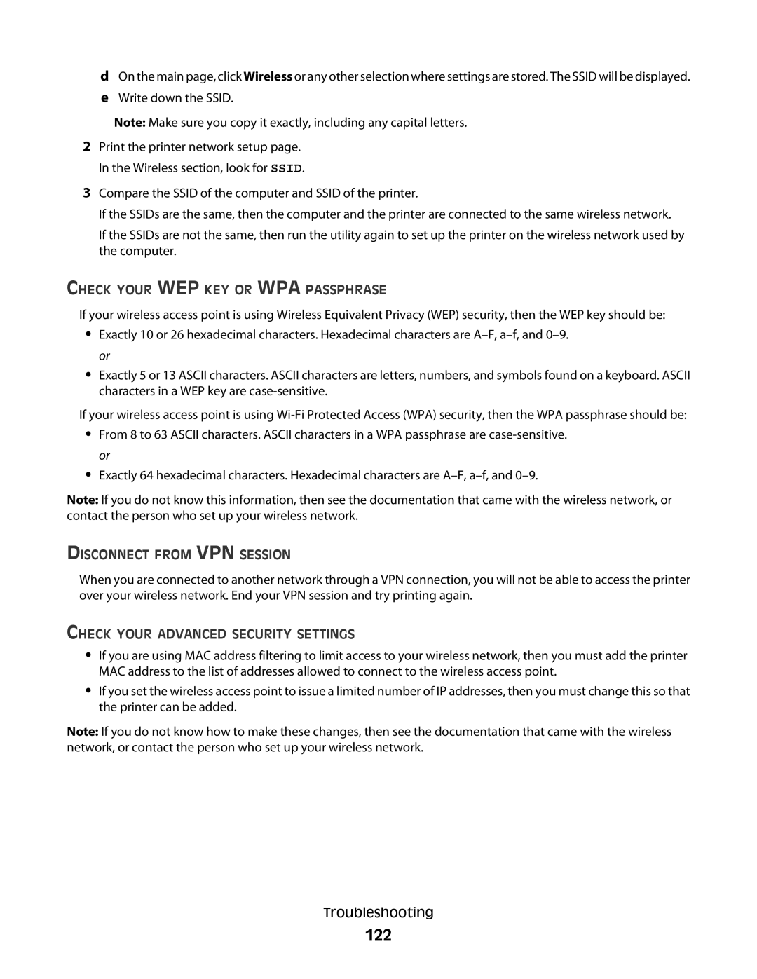 Dell 2dw 122, Check Your WEP KEY or WPA Passphrase, Disconnect from VPN Session, Check Your Advanced Security Settings 