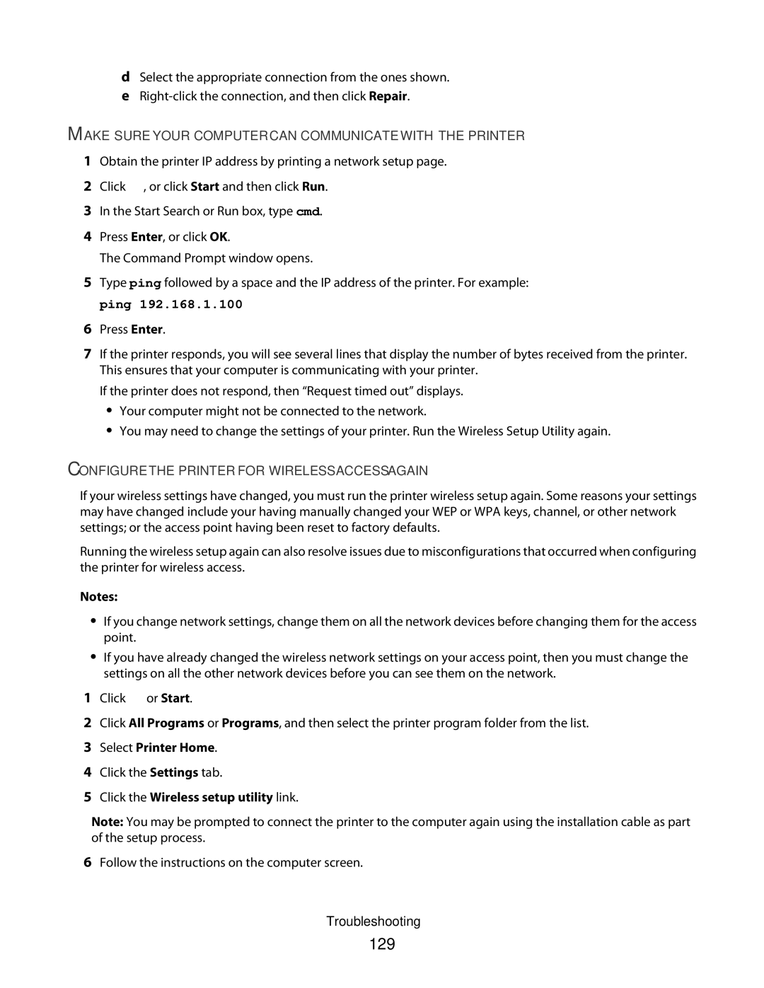 Dell 6dw 129, Make Sure Your Computer can Communicate with the Printer, Configure the Printer for Wireless Access Again 