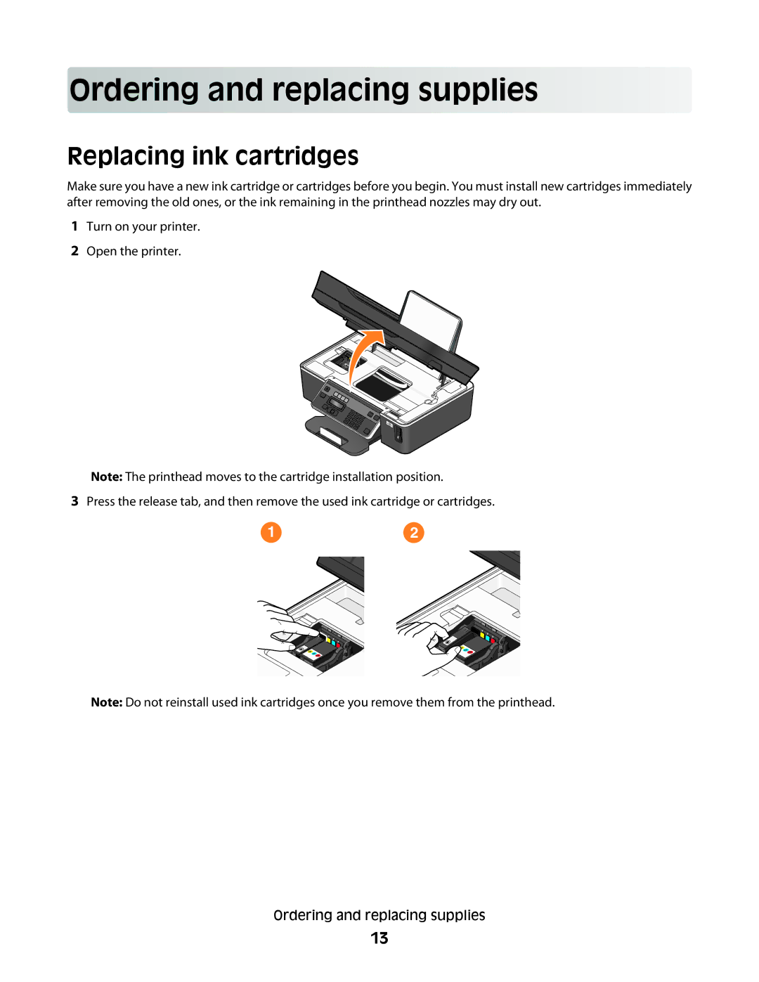 Dell 6dw, V515W, 2dw, 4443 manual Ordering and replacing supplies, Replacing ink cartridges 