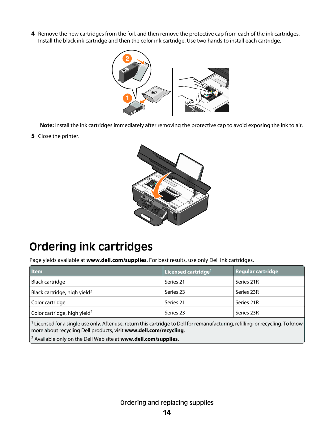 Dell 2dw, V515W, 6dw, 4443 manual Ordering ink cartridges 