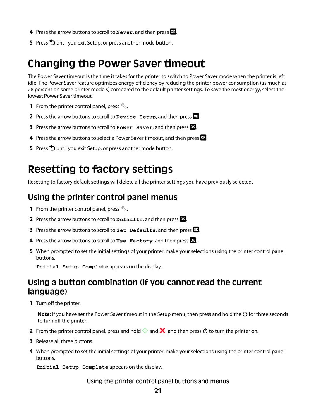 Dell 6dw, V515W, 2dw Changing the Power Saver timeout, Resetting to factory settings, Using the printer control panel menus 