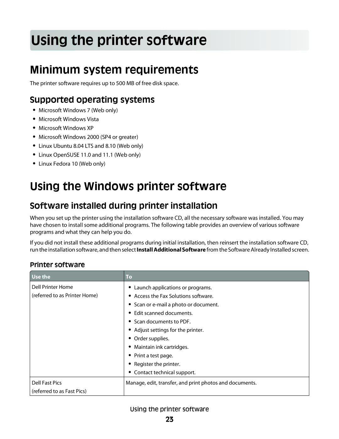 Dell 4443, V515W, 6dw, 2dw manual Using the printer software, Minimum system requirements, Using the Windows printer software 