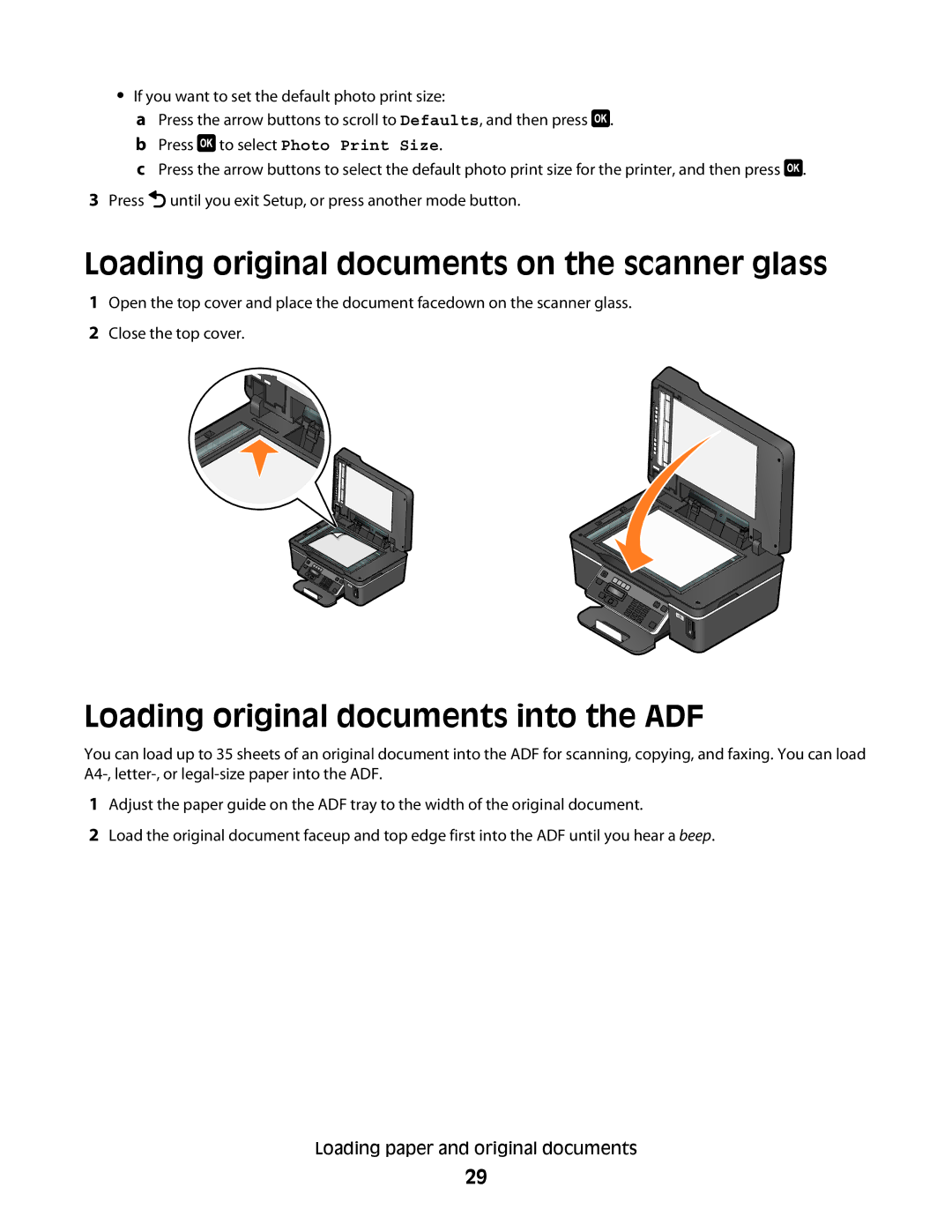 Dell 6dw, V515W, 2dw, 4443 manual Loading original documents on the scanner glass, Loading original documents into the ADF 