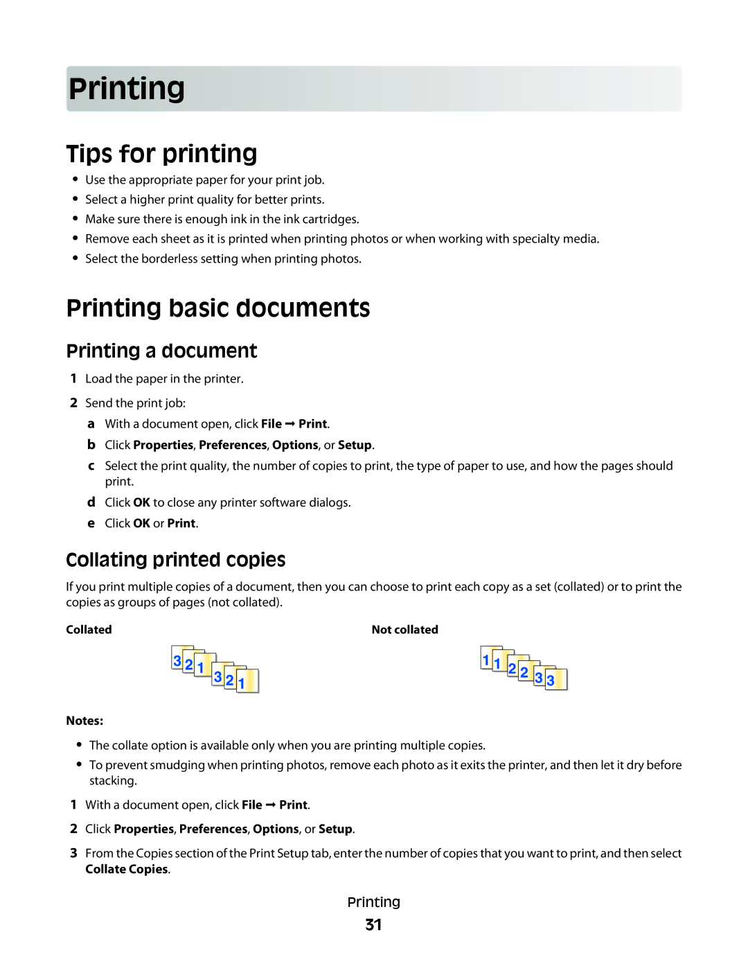 Dell 4443, V515W, 6dw, 2dw Tips for printing, Printing basic documents, Printing a document, Collating printed copies 