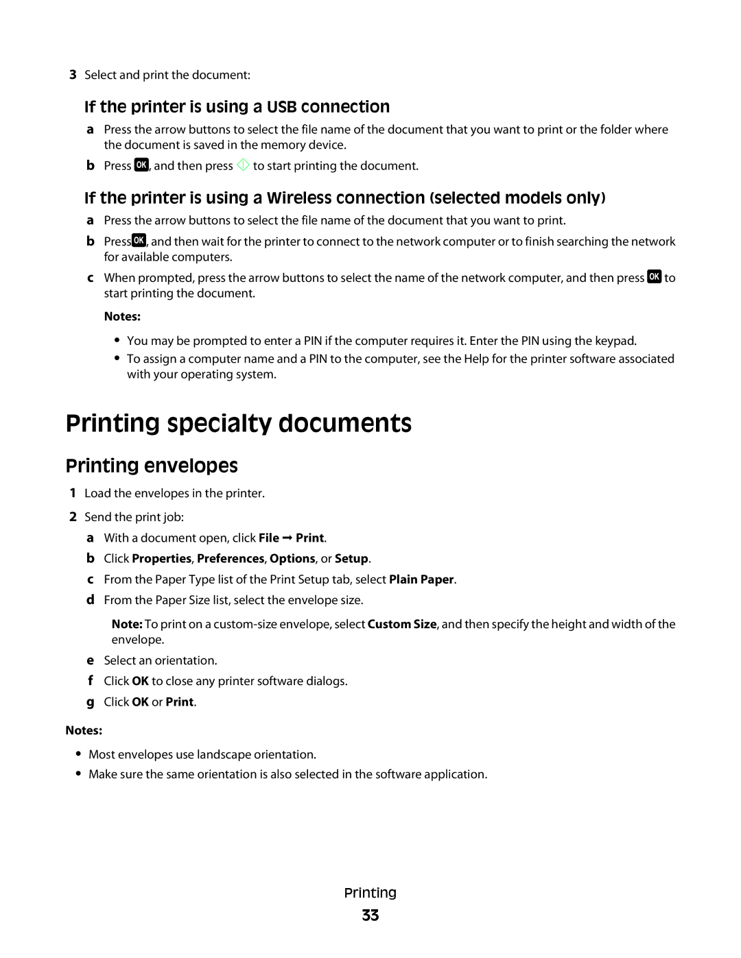 Dell 6dw, V515W, 2dw, 4443 manual Printing specialty documents, Printing envelopes, If the printer is using a USB connection 