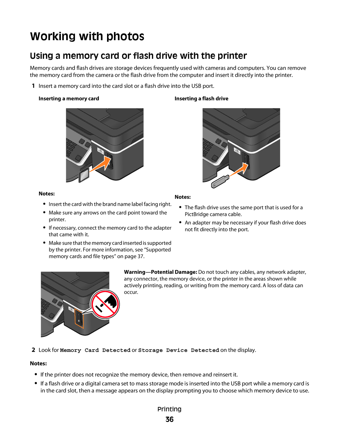 Dell V515W, 6dw, 2dw, 4443 manual Working with photos, Using a memory card or flash drive with the printer 