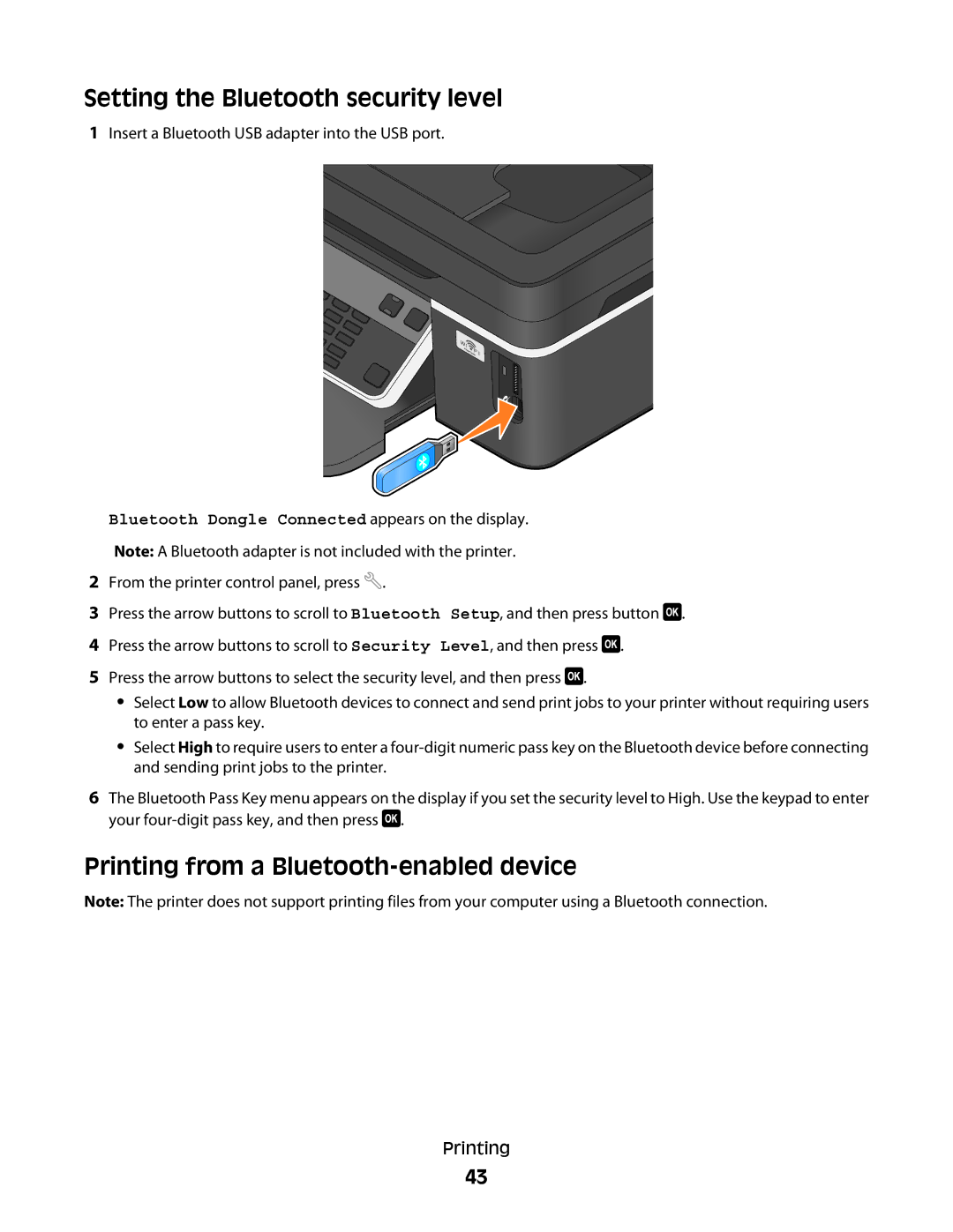 Dell 4443, V515W, 6dw, 2dw manual Setting the Bluetooth security level, Printing from a Bluetooth-enabled device 