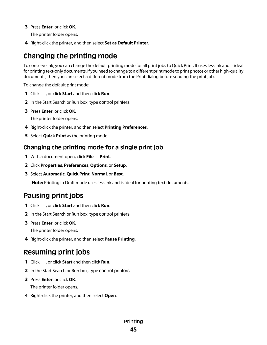 Dell 6dw, V515W, 2dw, 4443 manual Changing the printing mode, Pausing print jobs, Resuming print jobs 