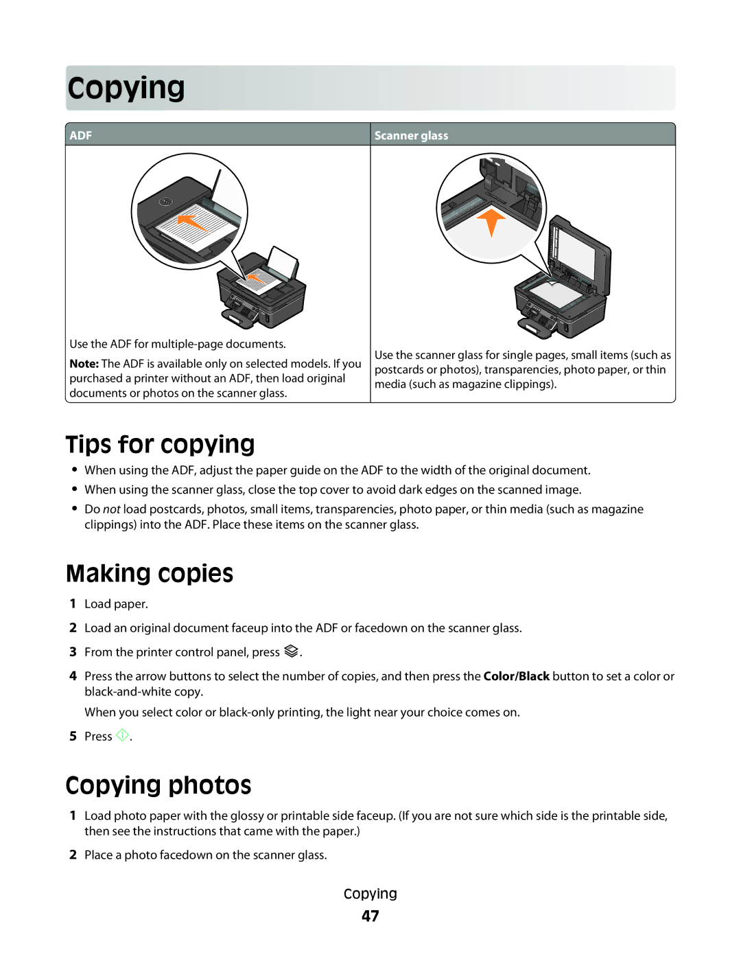 Dell 4443, V515W, 6dw, 2dw manual Tips for copying, Making copies, Copying photos 