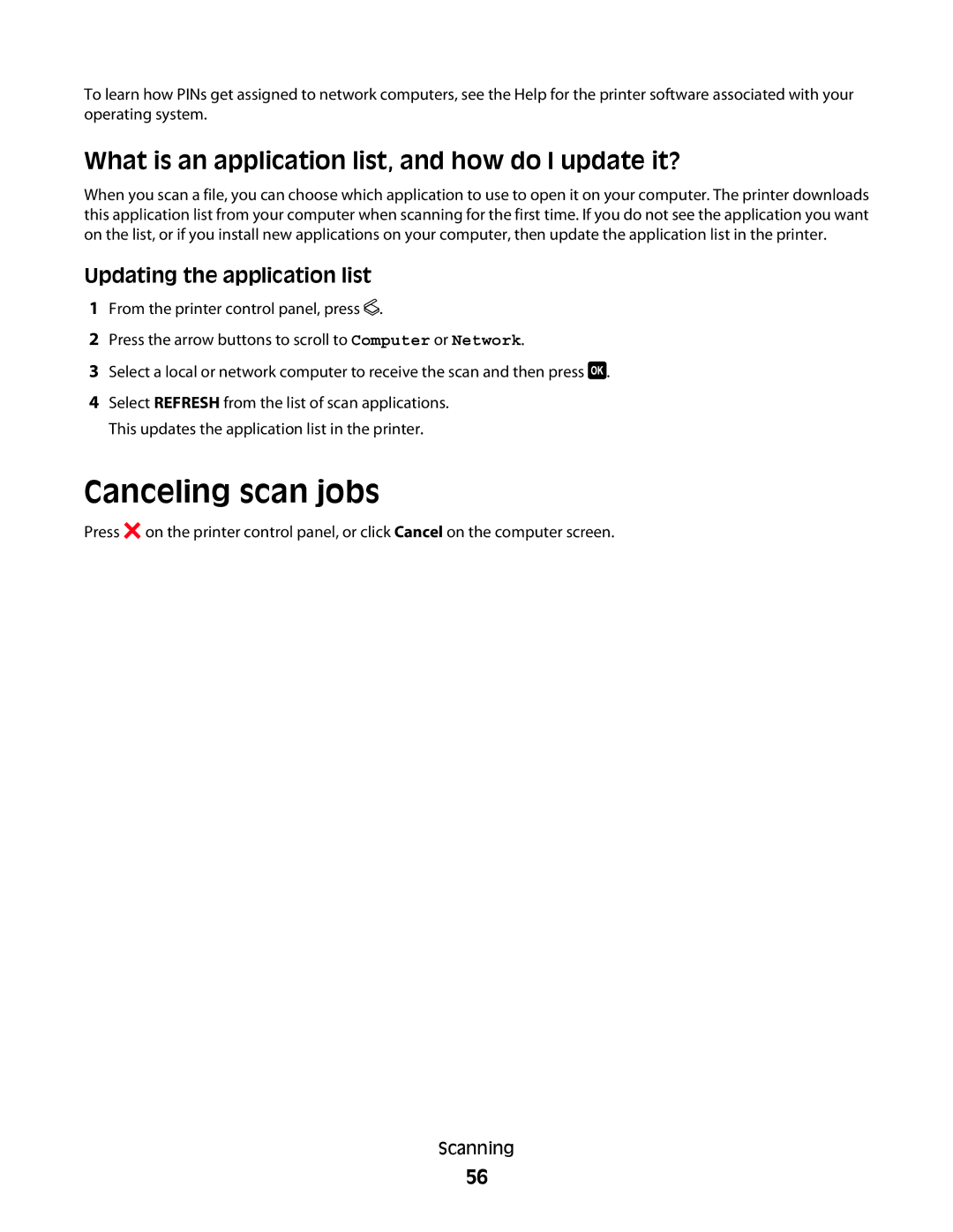 Dell V515W, 6dw Canceling scan jobs, What is an application list, and how do I update it?, Updating the application list 