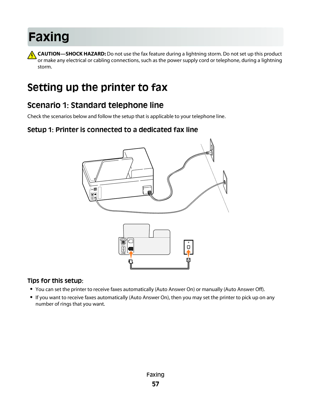 Dell 6dw, V515W, 2dw, 4443 manual Faxing, Setting up the printer to fax, Scenario 1 Standard telephone line 