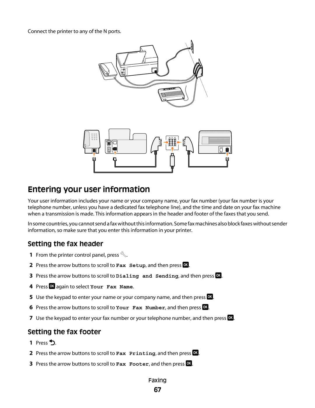 Dell 4443, V515W, 6dw, 2dw manual Entering your user information, Setting the fax header, Setting the fax footer 