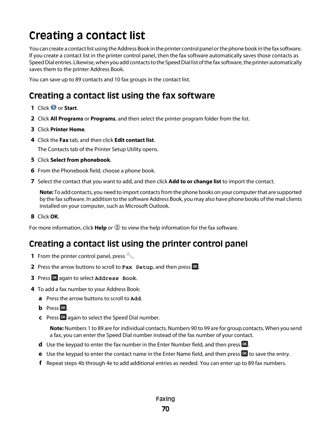 Dell 2dw, 6dw Creating a contact list using the fax software, Creating a contact list using the printer control panel 