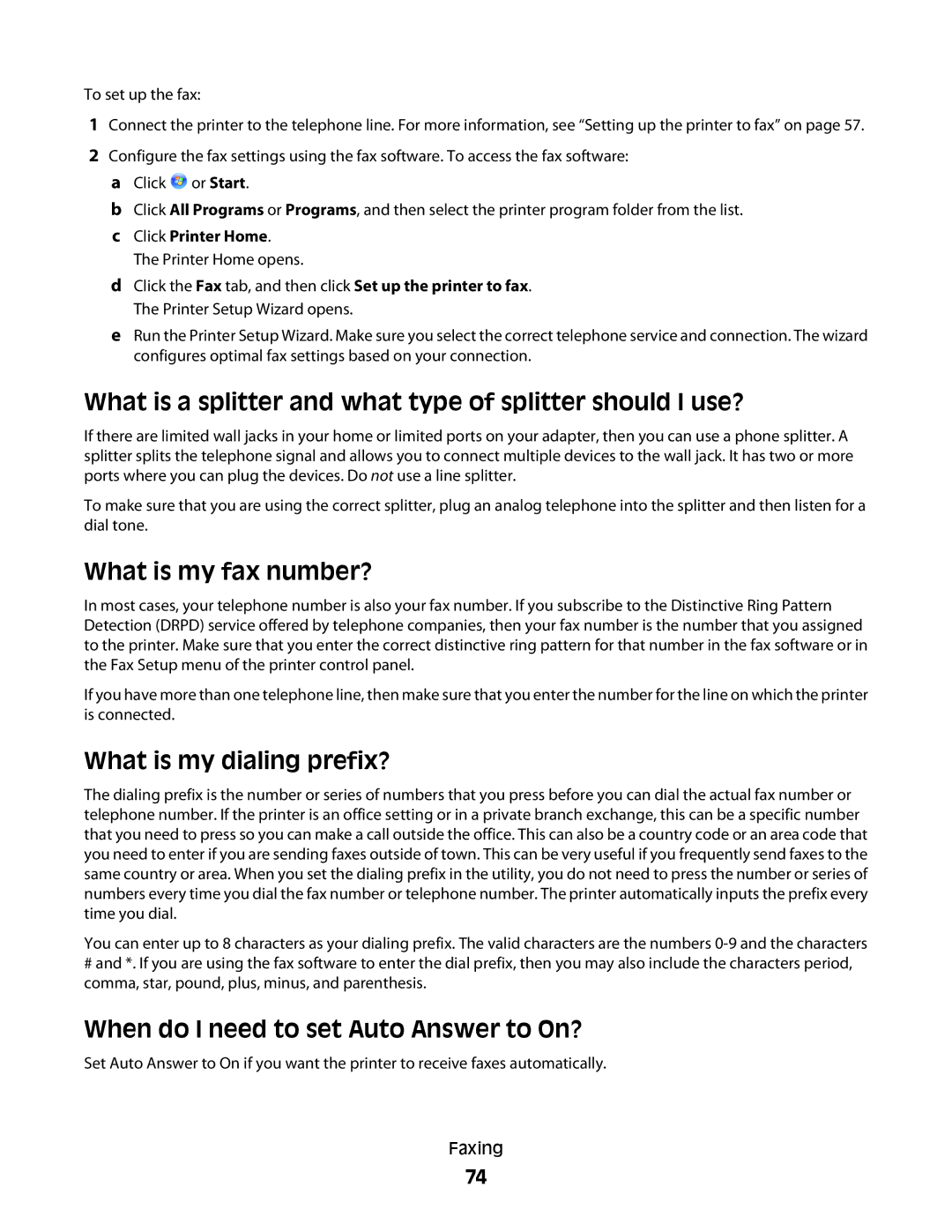 Dell 2dw What is a splitter and what type of splitter should I use?, What is my fax number?, What is my dialing prefix? 