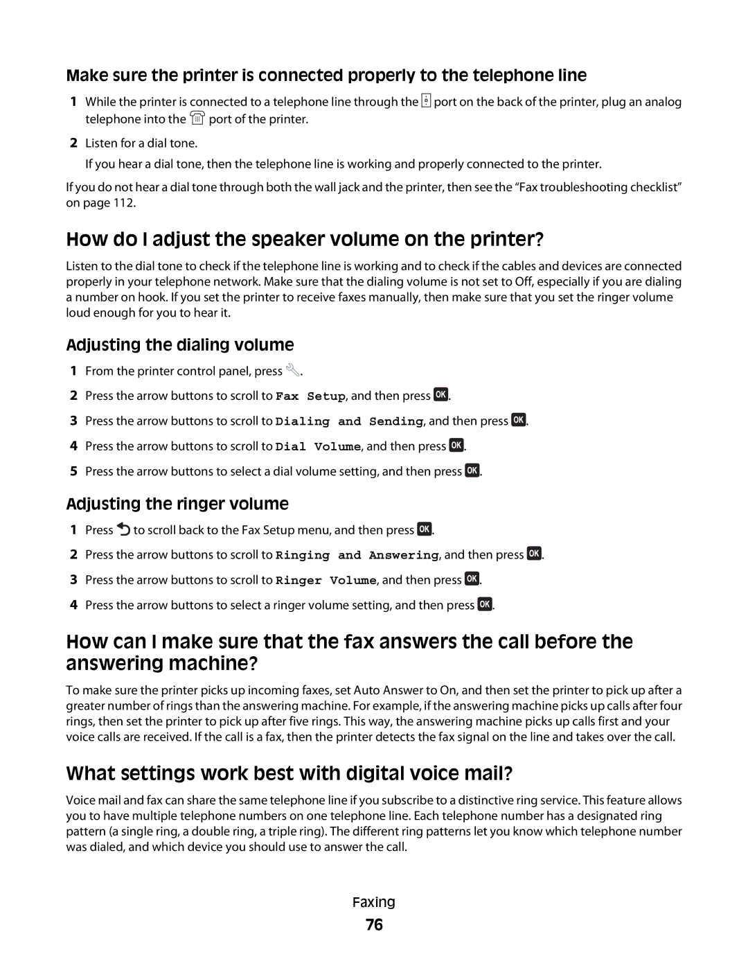 Dell V515W, 6dw, 2dw How do I adjust the speaker volume on the printer?, What settings work best with digital voice mail? 