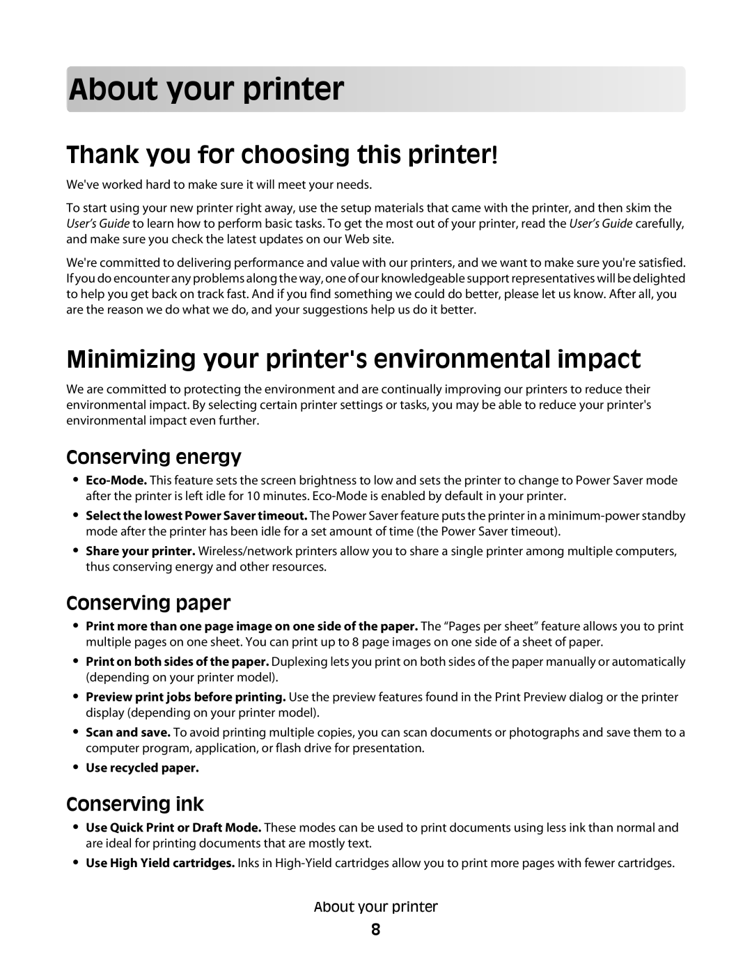 Dell V515W, 6dw, 2dw About your printer, Thank you for choosing this printer, Minimizing your printers environmental impact 