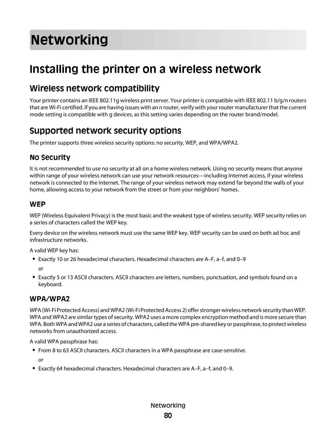 Dell V515W, 6dw, 2dw Networking, Installing the printer on a wireless network, Wireless network compatibility, No Security 