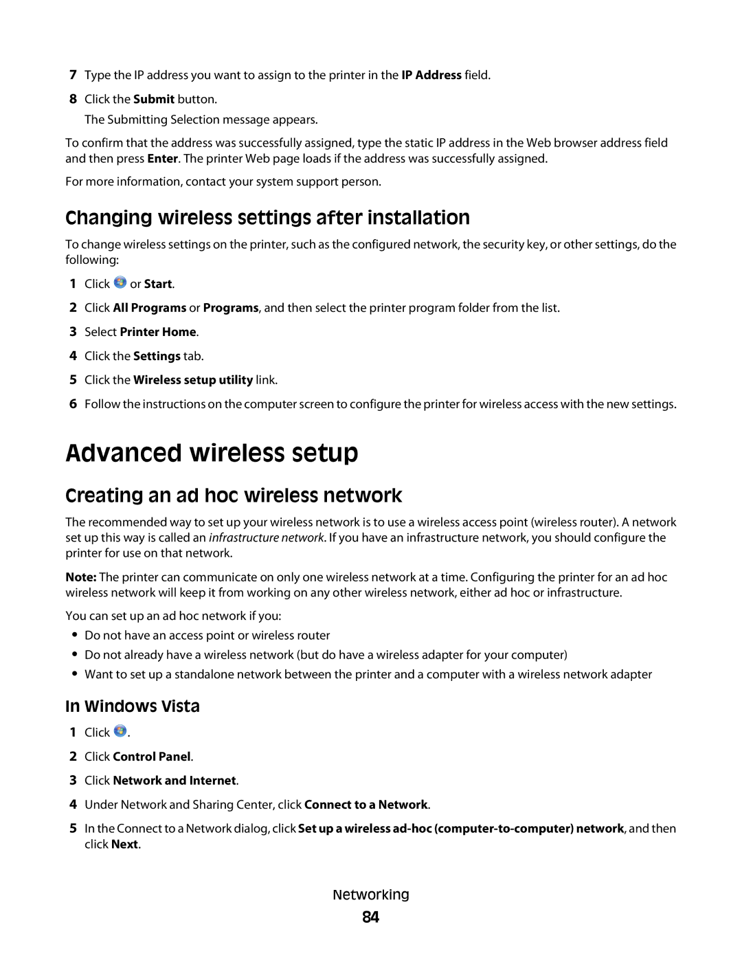 Dell V515W Advanced wireless setup, Changing wireless settings after installation, Creating an ad hoc wireless network 