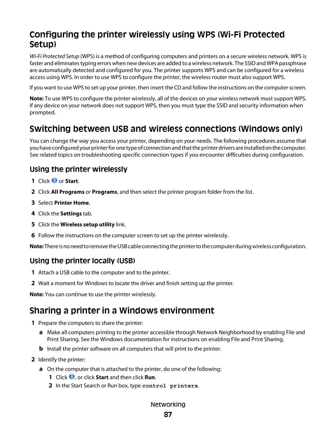 Dell 4443, V515W Switching between USB and wireless connections Windows only, Sharing a printer in a Windows environment 