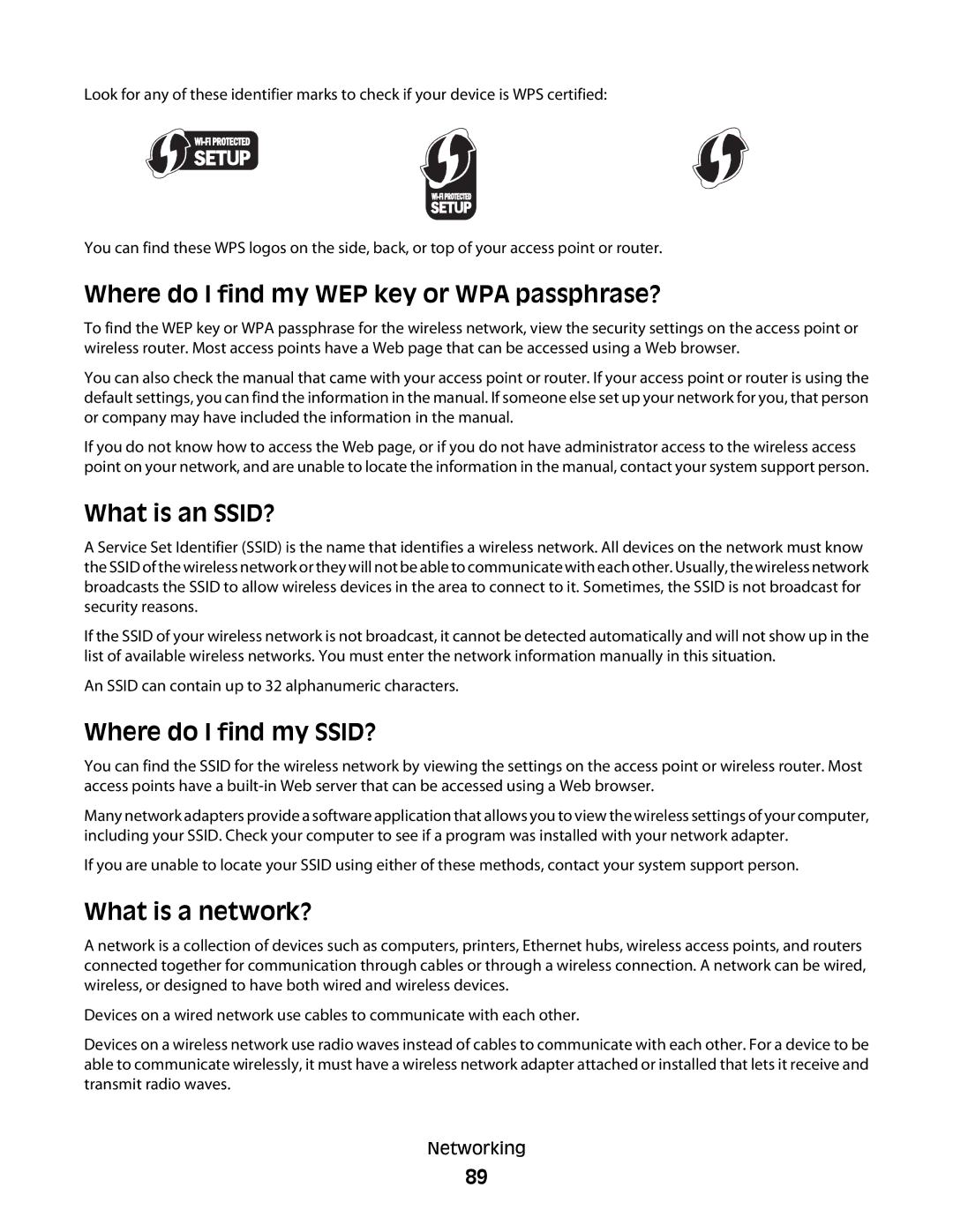 Dell 6dw Where do I find my WEP key or WPA passphrase?, What is an SSID?, Where do I find my SSID?, What is a network? 