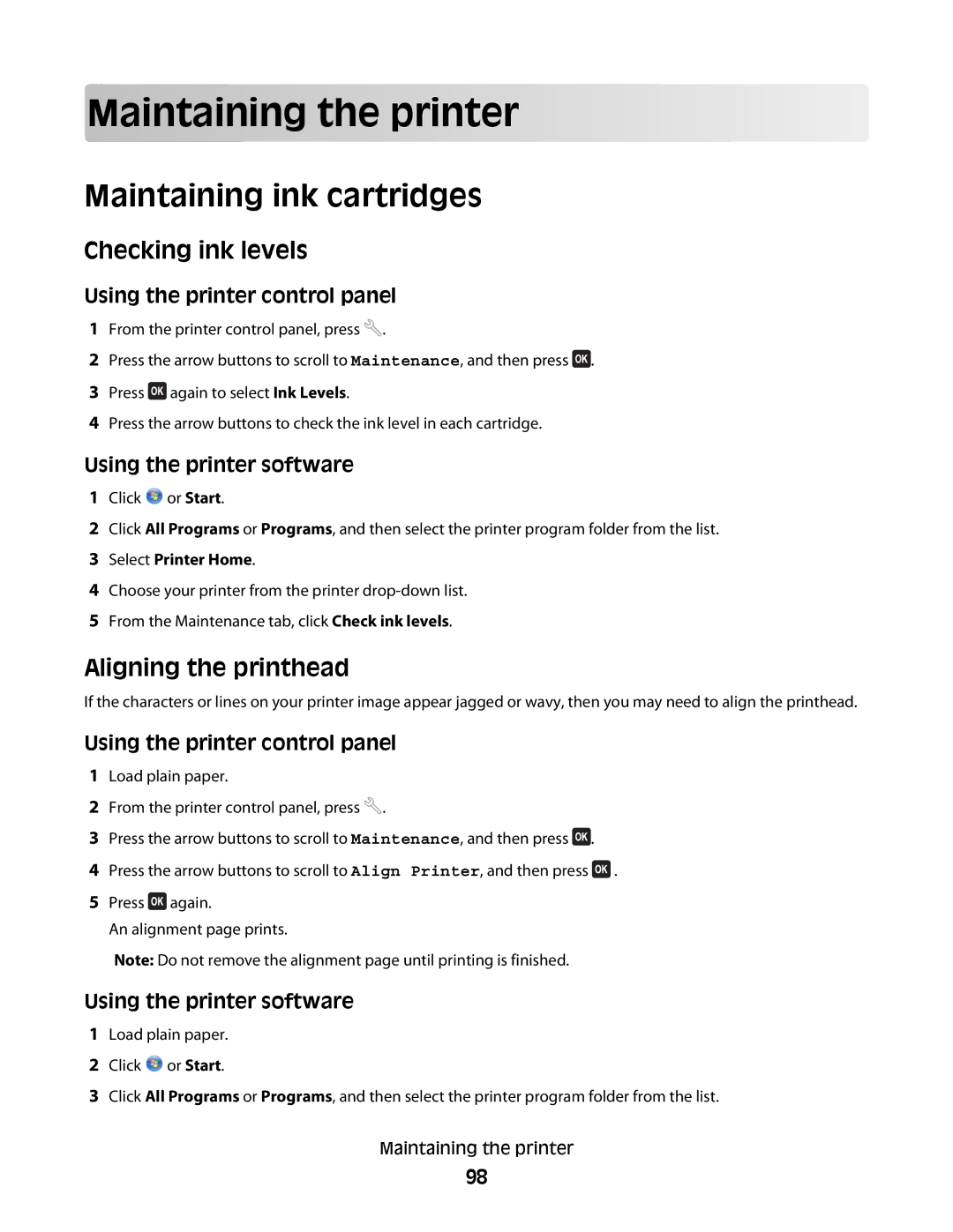 Dell 2dw, V515W, 6dw, 4443 Maintaining the printer, Maintaining ink cartridges, Checking ink levels, Aligning the printhead 