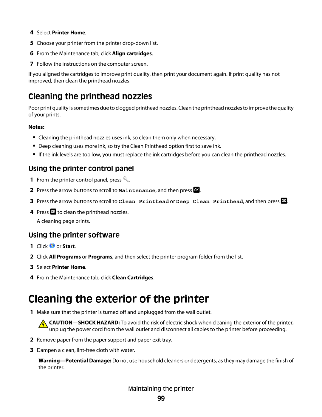 Dell 4443, V515W, 6dw, 2dw manual Cleaning the exterior of the printer, Cleaning the printhead nozzles 