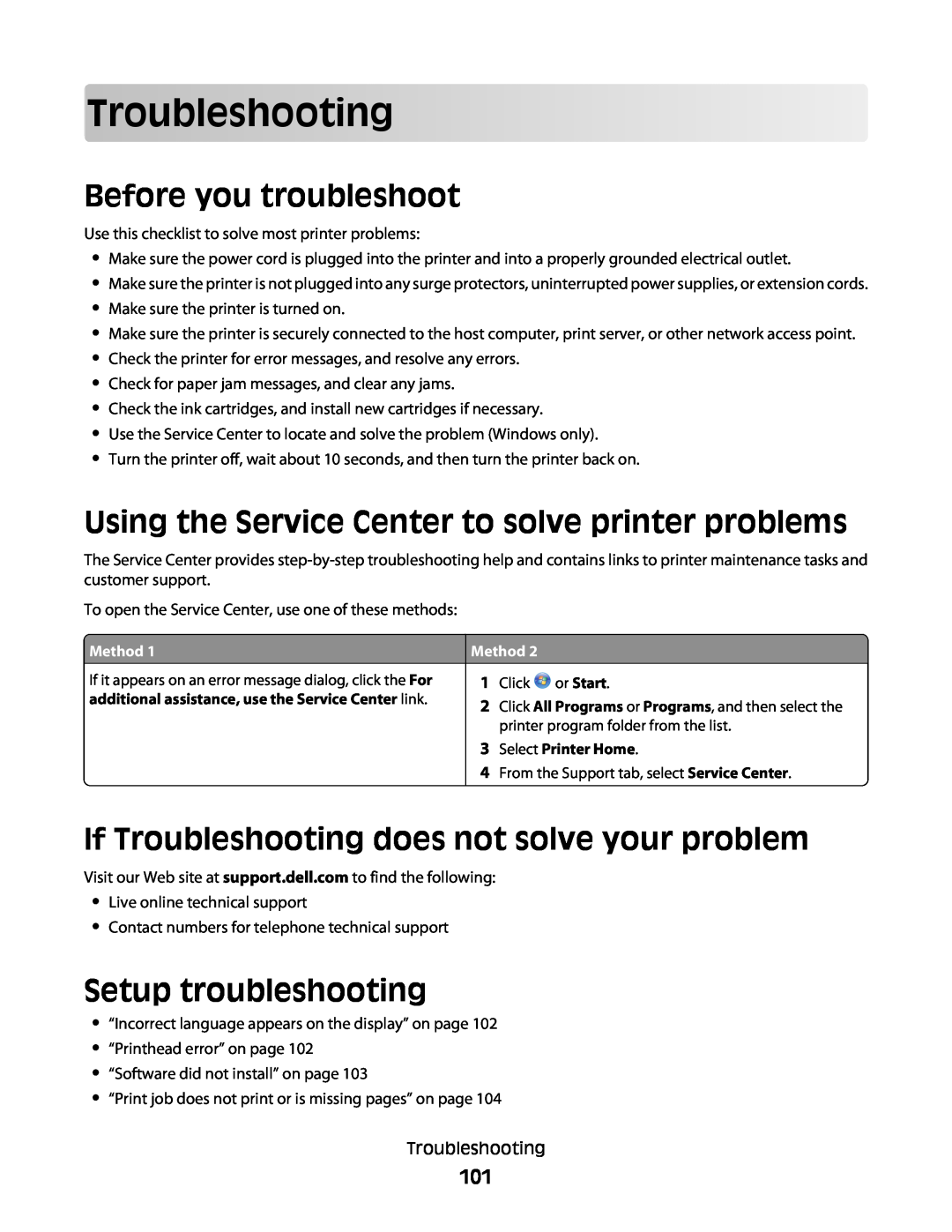 Dell V515W manual Troubleshooting, Before you troubleshoot, Using the Service Center to solve printer problems 