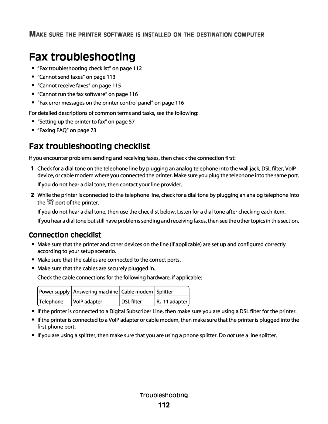 Dell V515W manual Fax troubleshooting checklist, Connection checklist 